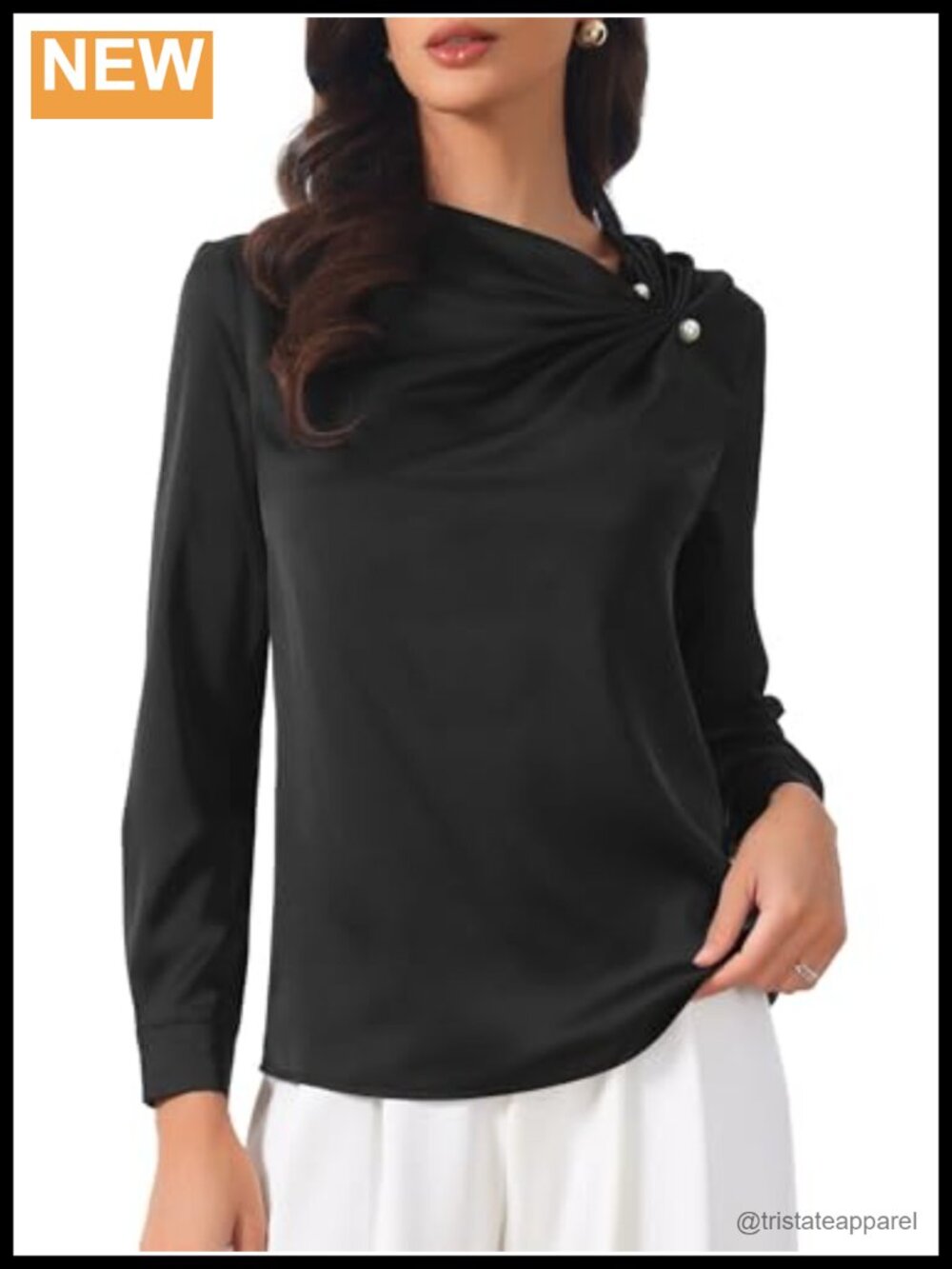 Women's Satin Blouse Ruched Neckline Pleated Long Sleeve Office Top